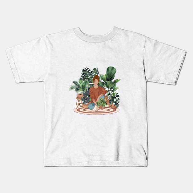 Plant lady, Girl with plants 4 Kids T-Shirt by gusstvaraonica